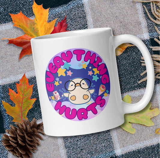 Kawaii Everything Hurts Mug | Ceramic, Left Hand Friendly,  & Dishwasher Safe Aphantastic Designs