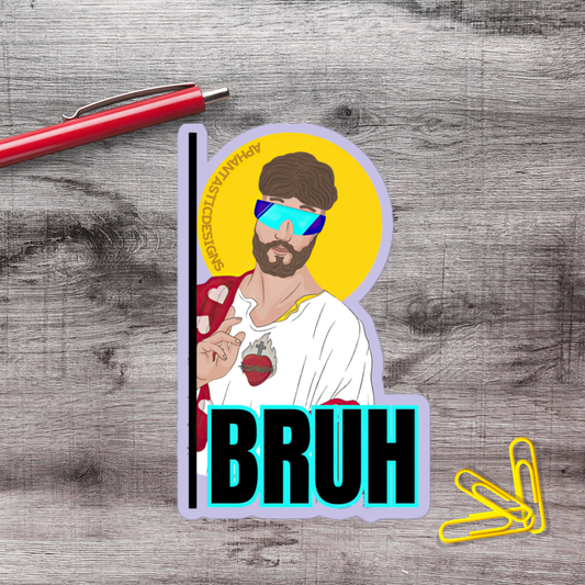 A sticker depicting a man with a beard wearing sunglasses and a white shirt, with the word "BRUH" written below.