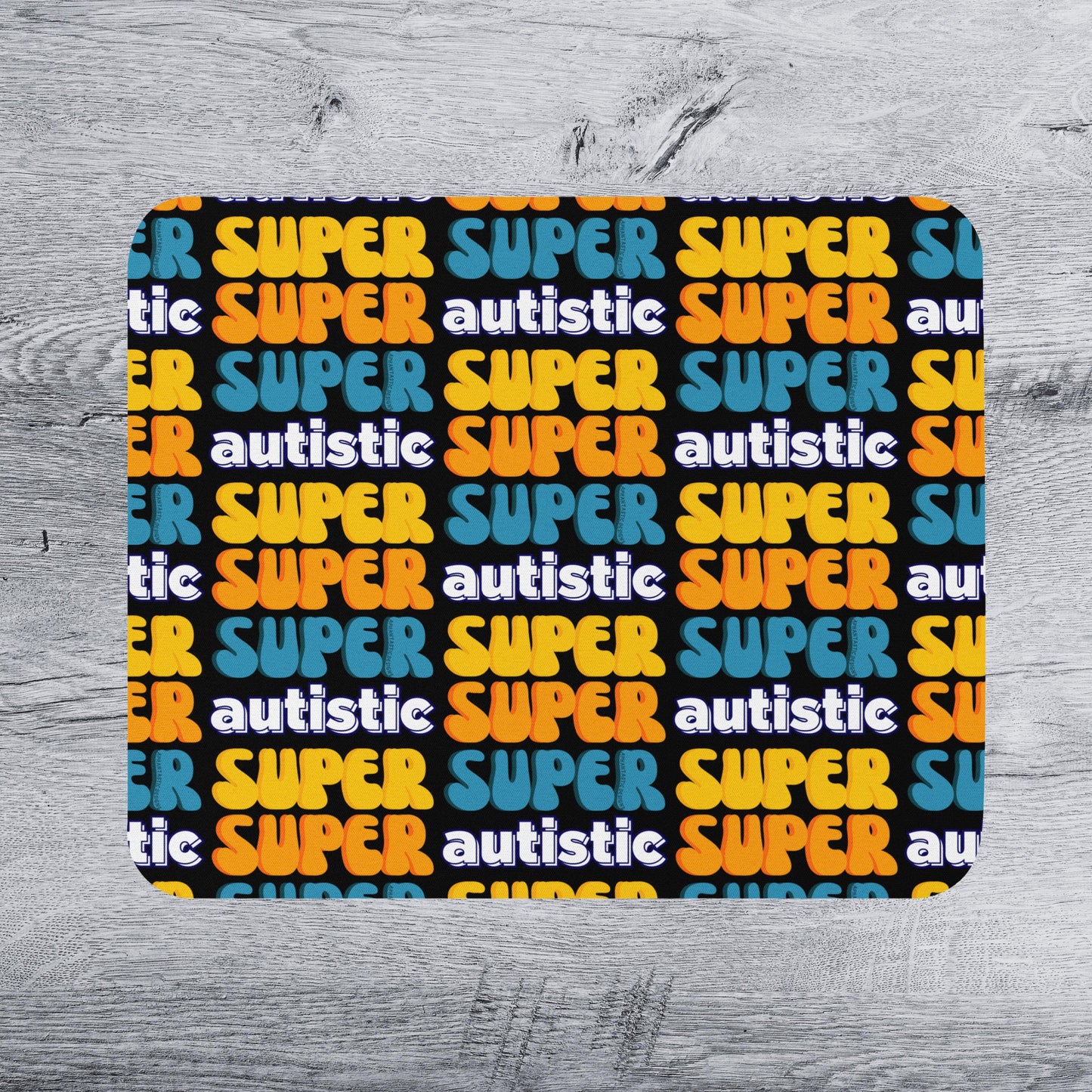 the word "SUPER" repeated in various colors and sizes, creating a vibrant and playful pattern.