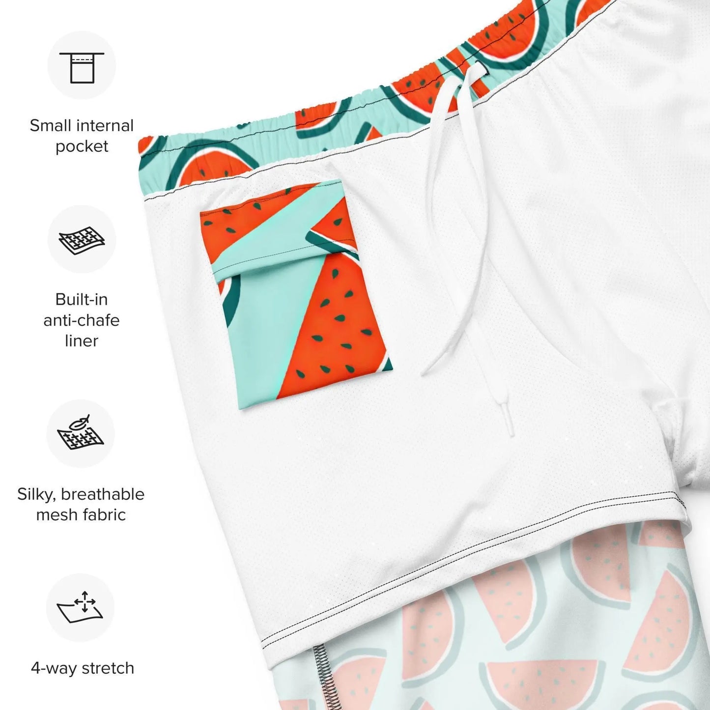 Watermelon Swim Trunks Allover Print Recycled Swim Shorts with Pockets Mid Length Regular Fit Swimsuit UPF 50+ Sun Protection 2XS–6XL Plus Aphantastic Designs