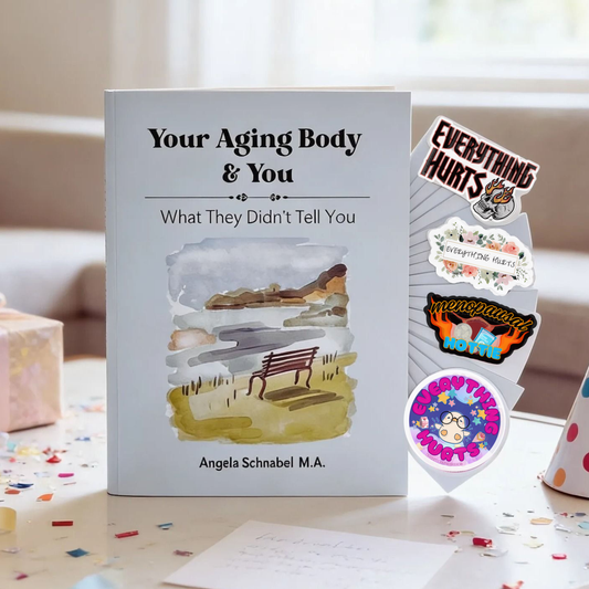 a book titled "Your Aging Body & You" by Angela Schnabel, placed on a table with a note and various stickers.