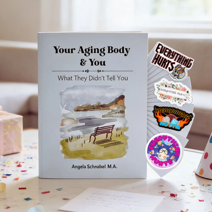 a book titled "Your Aging Body & You" by Angela Schnabel, placed on a table with a note and various stickers.
