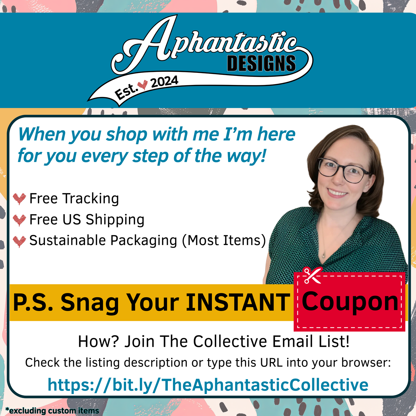 a woman wearing glasses and a green shirt, smiling and posing for a photo. The image appears to be a promotional graphic for a company called "Aphantastic Designs".