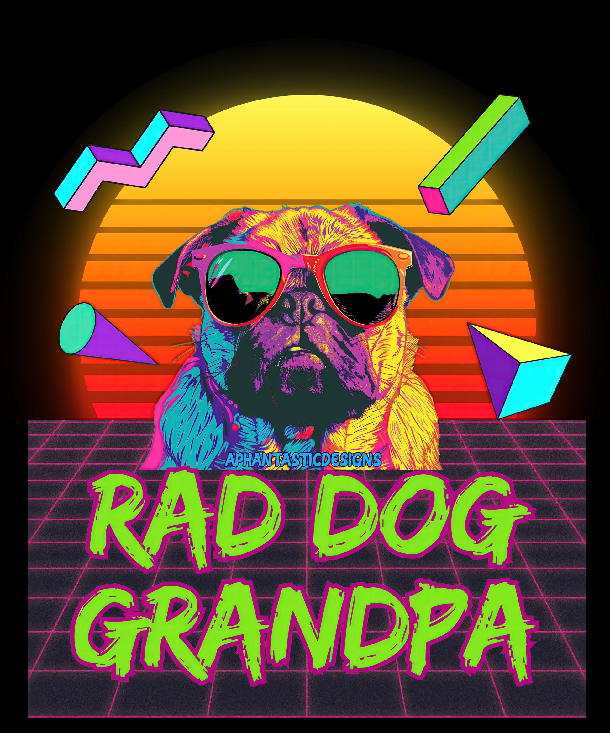The image is a vibrant and colorful illustration featuring a dog wearing sunglasses, with a retro-style background that includes geometric shapes and a sunset.