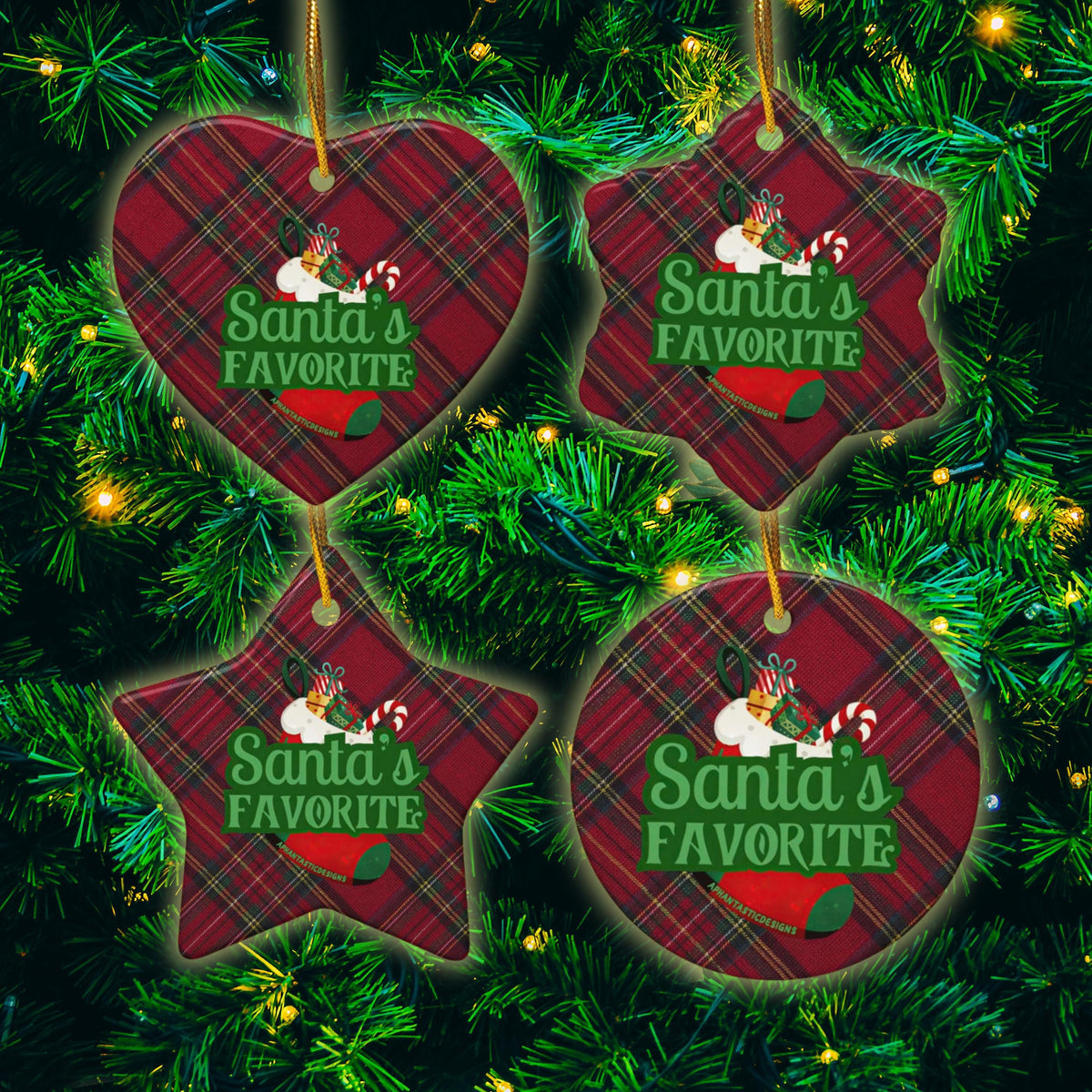 a festive Christmas tree adorned with ornaments shaped like a heart, star, and a round ornament. The ornaments are red and green plaid, and each one has a Santa Claus design. The ornaments are hanging from a string, creating a cheerful and holiday atmosphere.