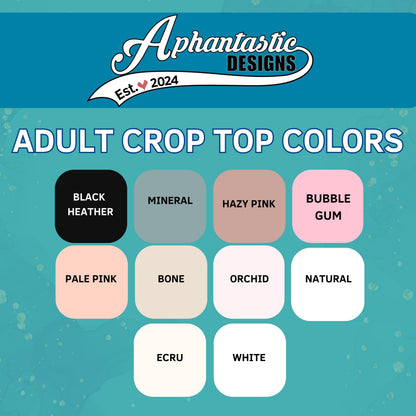 a collection of adult crop top colors, including black, mineral, hazy pink, bubble gum, pale pink, bone, orchid, natural, ecru, and white.