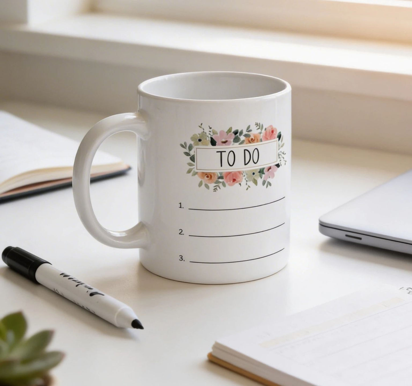 A white mug with a floral design and the text "TO DO" sits on a desk, accompanied by a notebook, pen, and laptop.