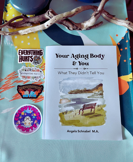 a book titled "Your Aging Body & You" by Angela Schnabel, with a colorful abstract background and a branch.