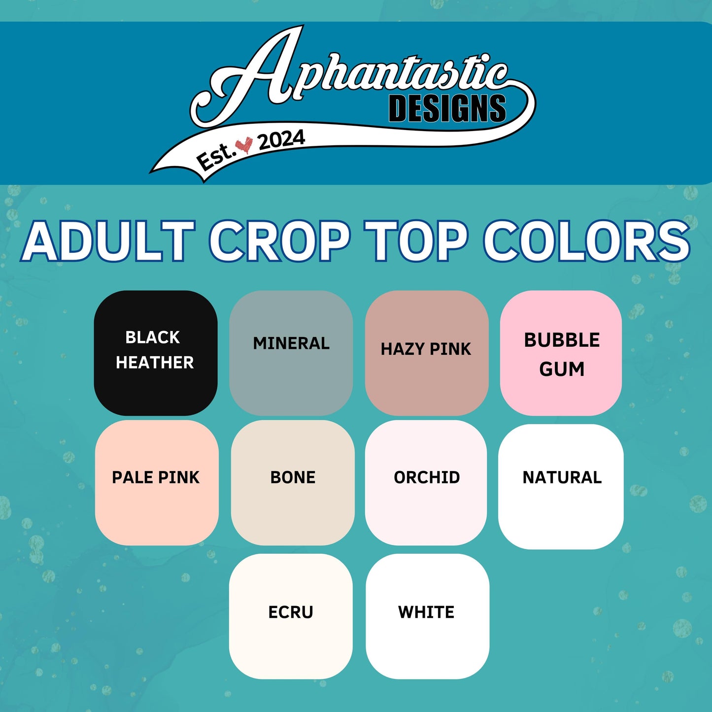 a collection of adult crop top colors, including black, mineral, hazy pink, bubble gum, pale pink, bone, orchid, natural, ecru, and white.