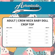 The image is a product label for an adult crew neck baby doll crop top, providing size measurements for different age groups.