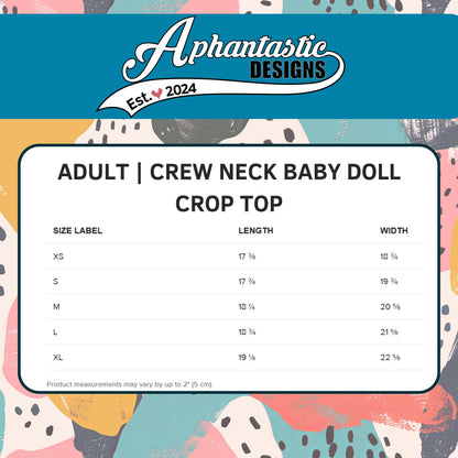 The image is a product label for an adult crew neck baby doll crop top, providing size measurements for different age groups.
