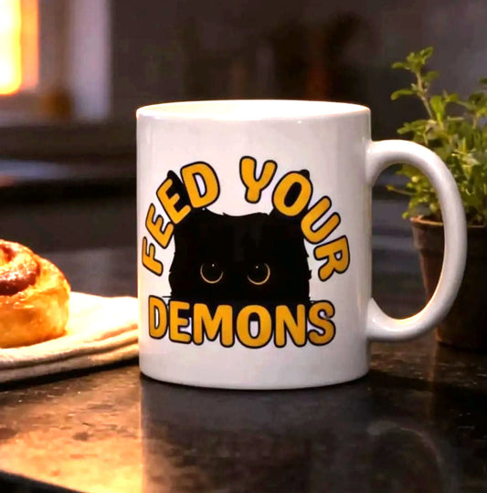 a mug with the text "FEED YOUR DEMONS" and a cinnamon roll on a kitchen counter, with a potted plant and a lamp in the background.