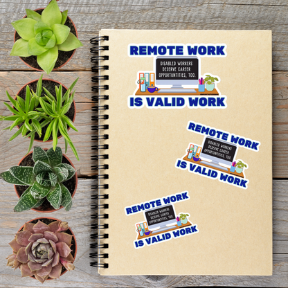 a notebook with stickers on it, along with several potted plants arranged on a wooden surface.