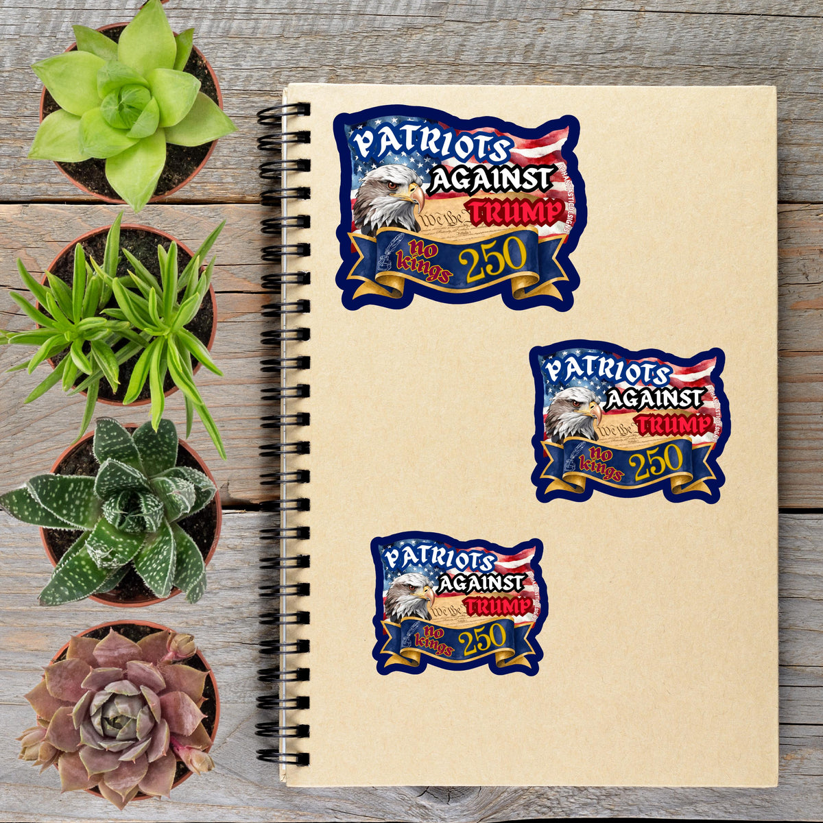 a spiral notebook with three stickers on it, along with several potted plants arranged on a wooden surface.