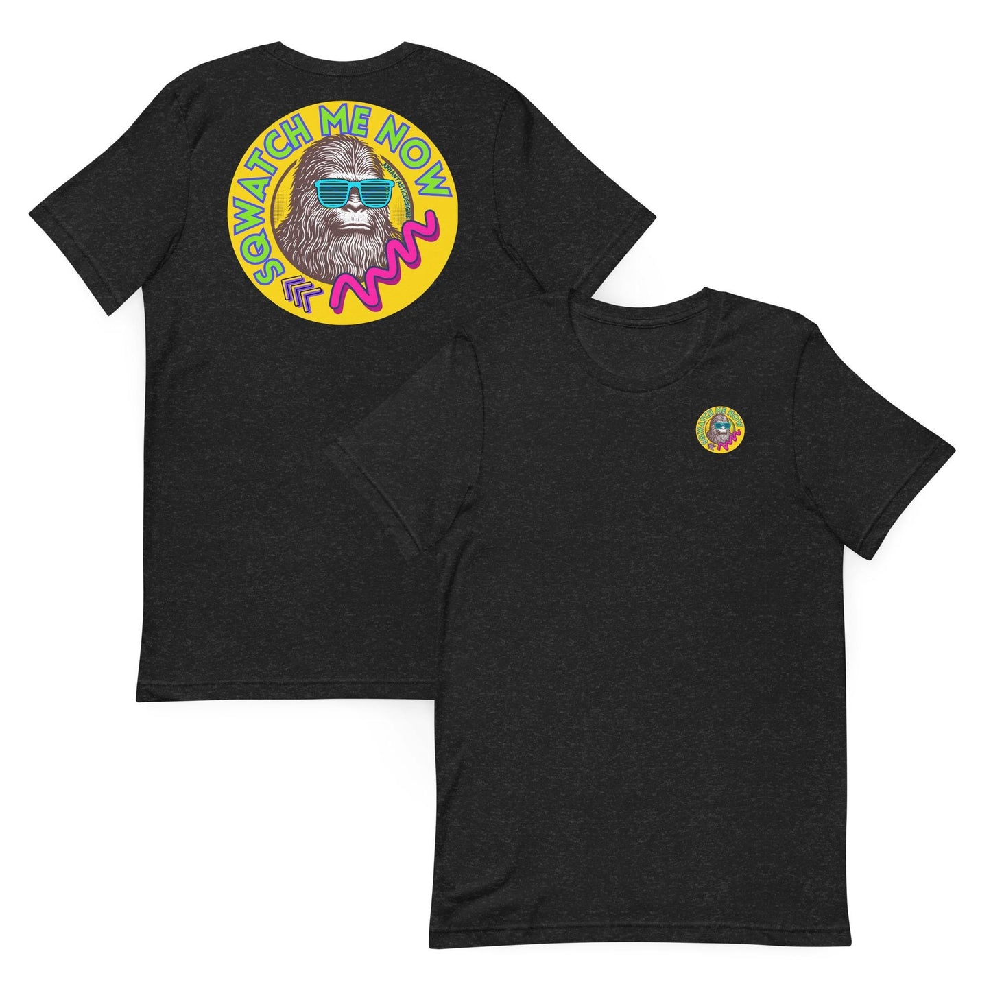 a black t-shirt with a colorful graphic design on the back, depicting a man wearing sunglasses.