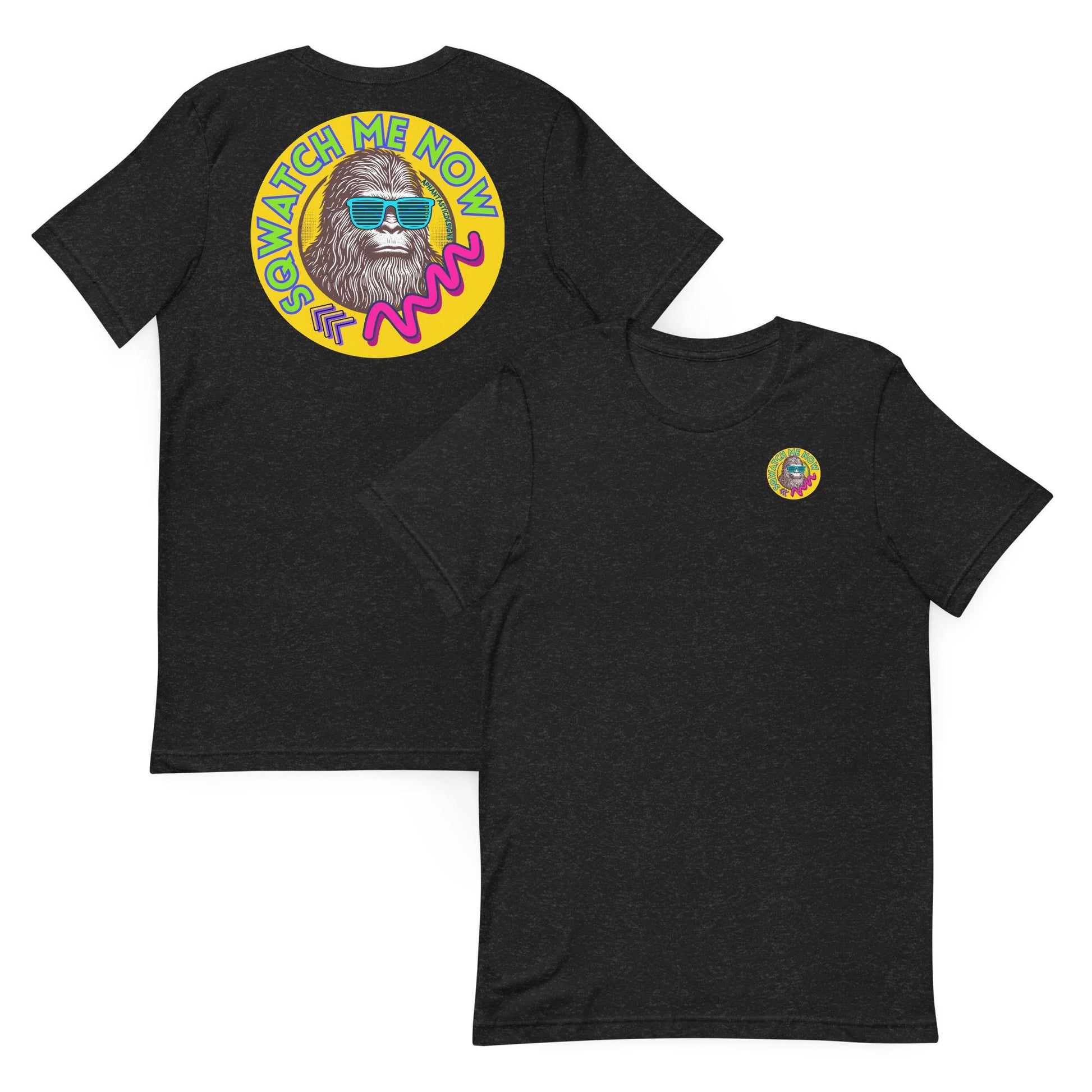 a black t-shirt with a colorful graphic design on the back, depicting a man wearing sunglasses.