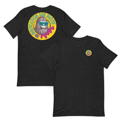 a black t-shirt with a colorful graphic design on the back, depicting a man wearing sunglasses.