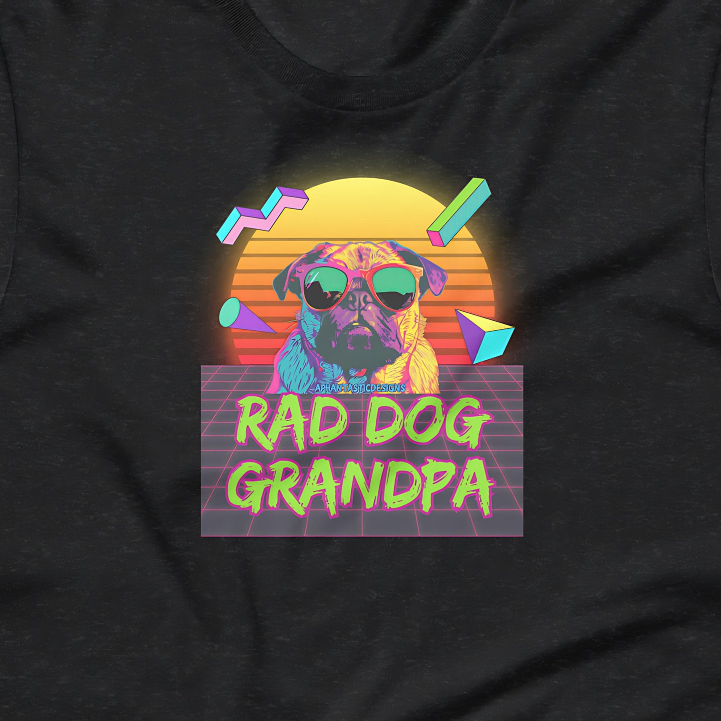 A graphic design featuring a pug dog wearing sunglasses, with a retro-style background and the text "RAD DOG GRANDPA" prominently displayed.