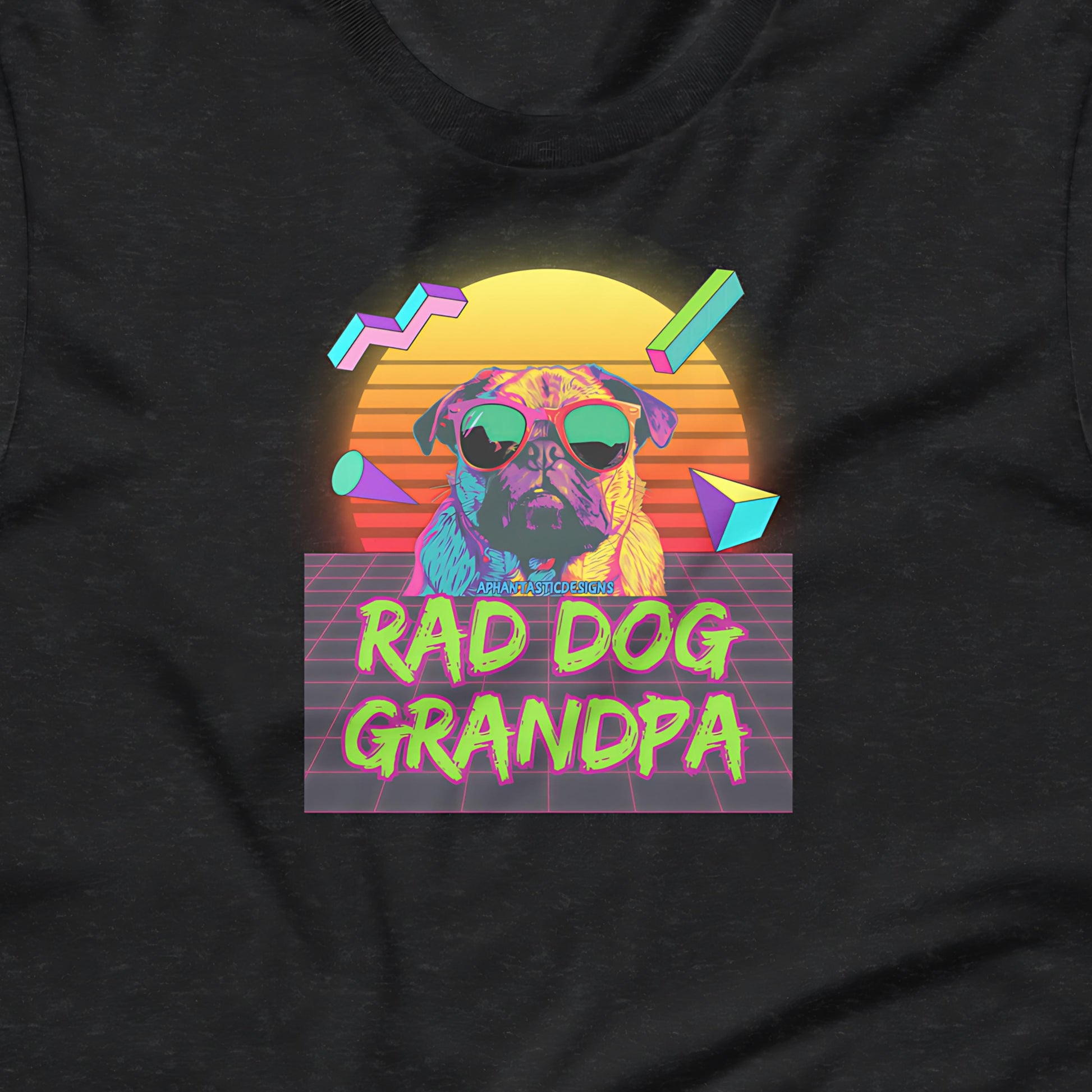 A graphic design featuring a pug dog wearing sunglasses, with a retro-style background and the text "RAD DOG GRANDPA" prominently displayed.