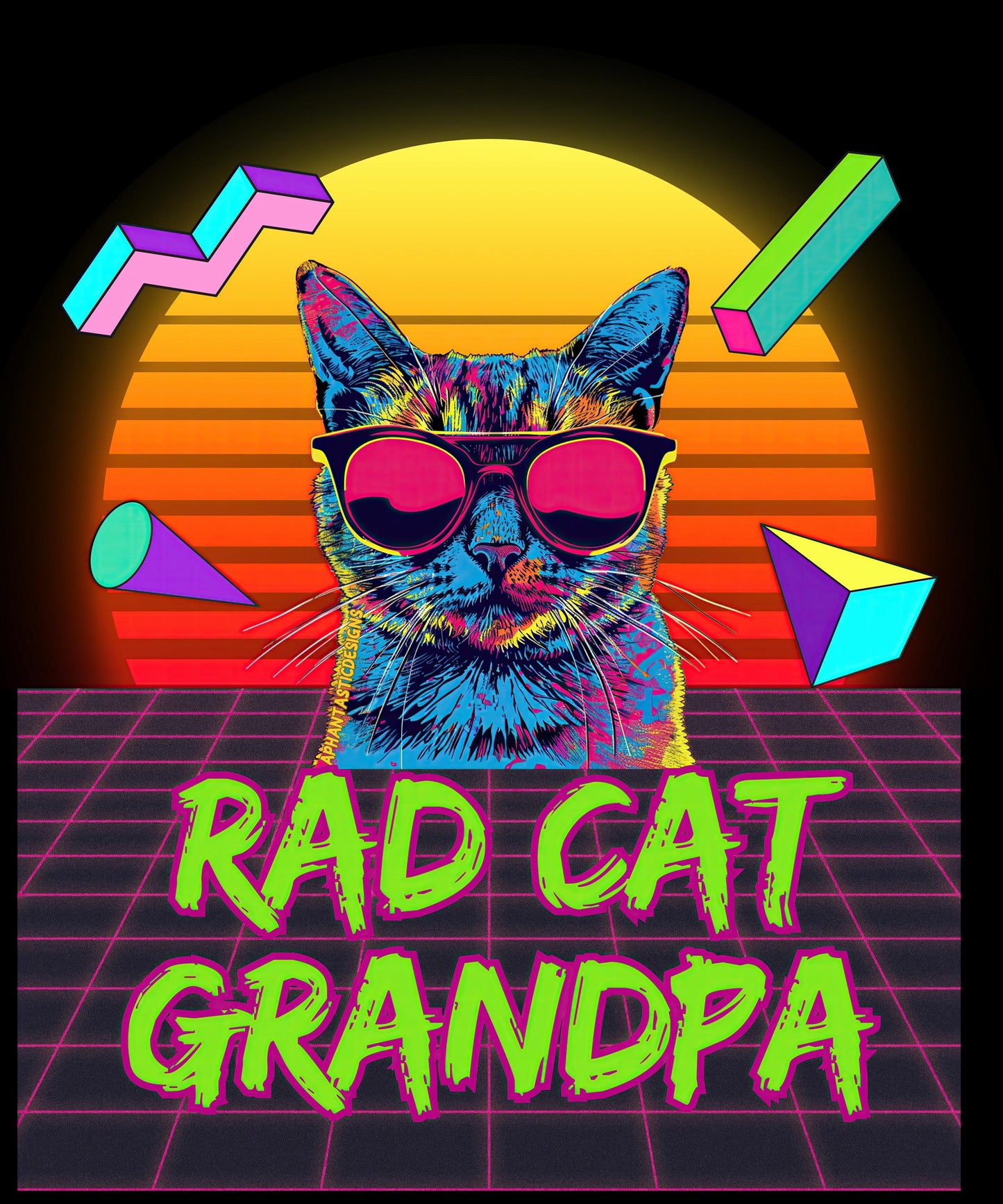 The image is a vibrant and colorful illustration featuring a cat wearing sunglasses, with geometric shapes and a sunset-like background.