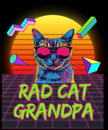 The image is a vibrant and colorful illustration featuring a cat wearing sunglasses, with geometric shapes and a sunset-like background.