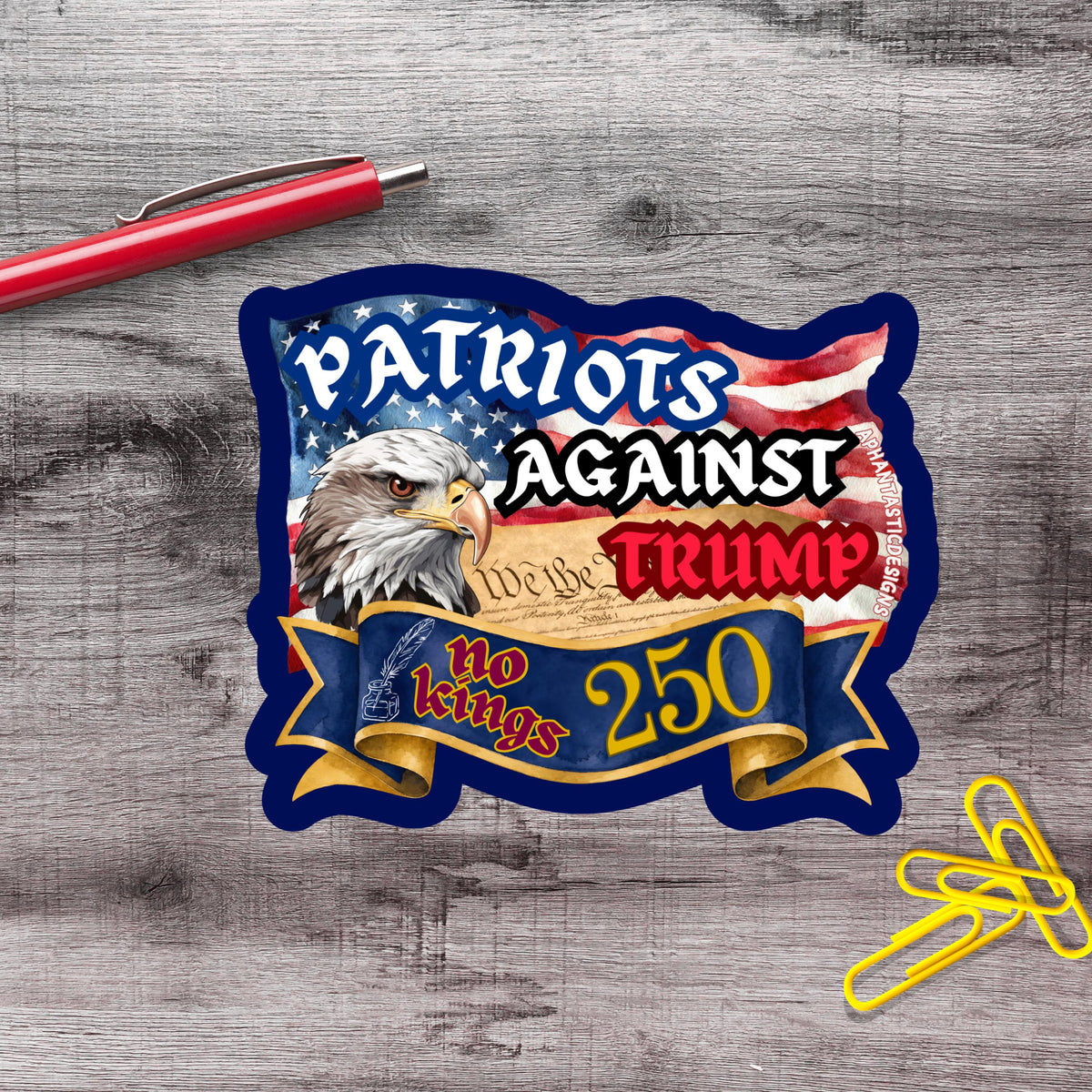a patriotic sticker with an eagle and the phrase "Patriots Against Trump" written on it.