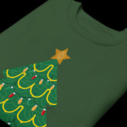 A green t-shirt with a Christmas tree design and a star on the top.