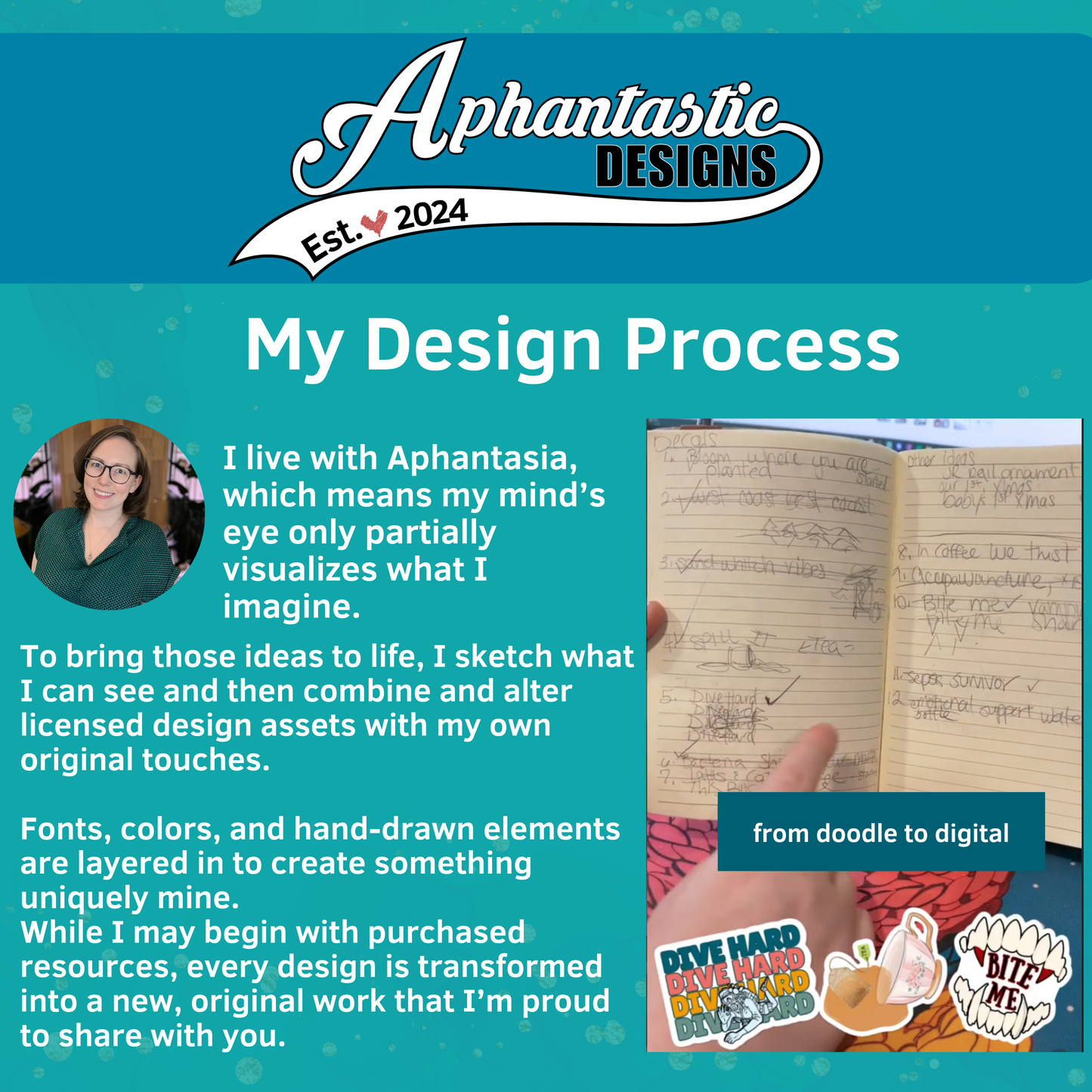 The image is a collage featuring a woman with glasses, a notebook, and various design-related elements such as doodles, hand-drawn elements, and text. The collage includes a caption describing the woman's design process, a hand holding a notebook, and a hand-drawn element. The image also includes a list of design-related terms and a description of the design process.