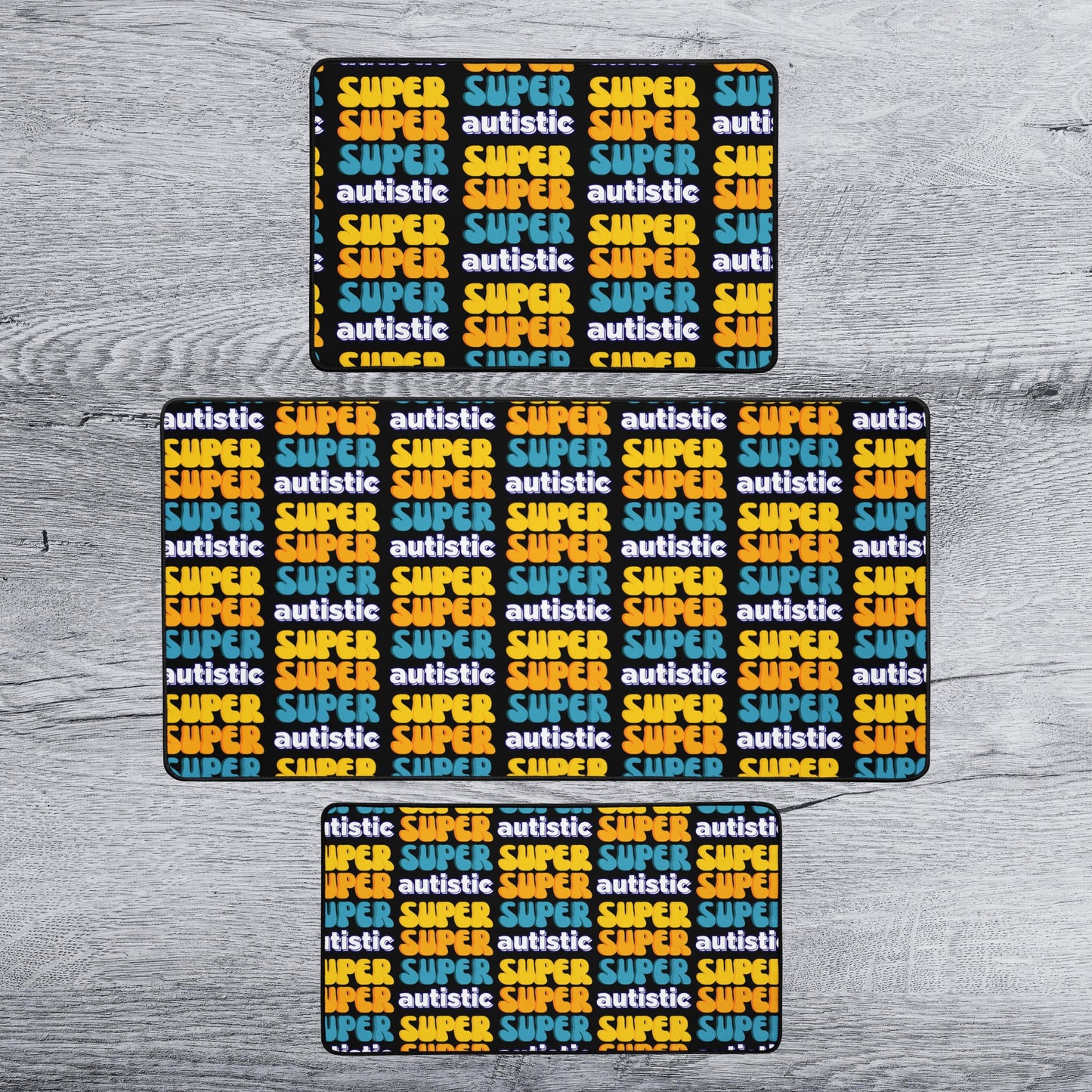 a repeating pattern of the word "autistic" in various colors, including yellow, orange, and blue, arranged in a grid-like layout.