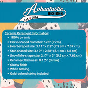 a collection of ceramic ornament information, including details about the 100% ceramic material, the sizes of the ceramic ornaments, and the finishings.