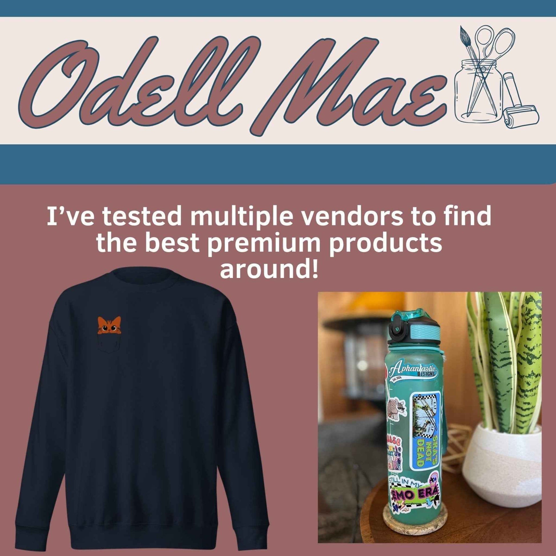 The image is a promotional graphic for a business called Odell Mae, featuring a sweatshirt with a cat design, a water bottle, and a potted plant.