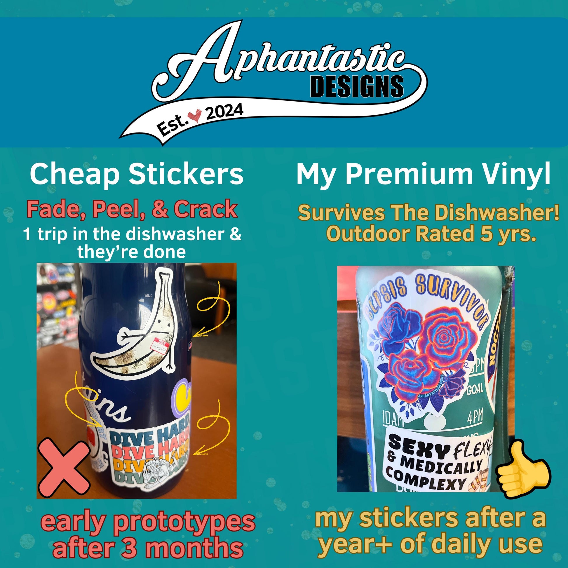 The image is a promotional graphic for two different types of stickers: Cheap Stickers and My Premium Vinyl. The Cheap Stickers are described as a fade, peel, and crack sticker that is used in the dishwasher and they're done. The My Premium Vinyl is a sticker that is designed to survive the dishwasher and is described as a 5-year-old outdoor-rated sticker. The image also includes a thumbs up symbol and a note about early prototypes after 3 months.