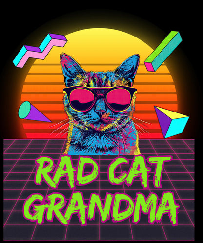 The image is a vibrant and colorful illustration featuring a cat wearing sunglasses, with geometric shapes and a sunset-like background.