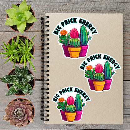 a spiral notebook with three stickers on it, each depicting a potted cactus with a flower. The stickers are arranged in a row on the notebook, and the background includes several potted plants.