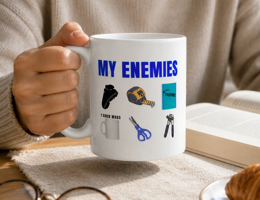 A person is holding a white mug with the text "MY ENEMIES" printed on it, along with various objects such as a ruler, scissors, and a book.