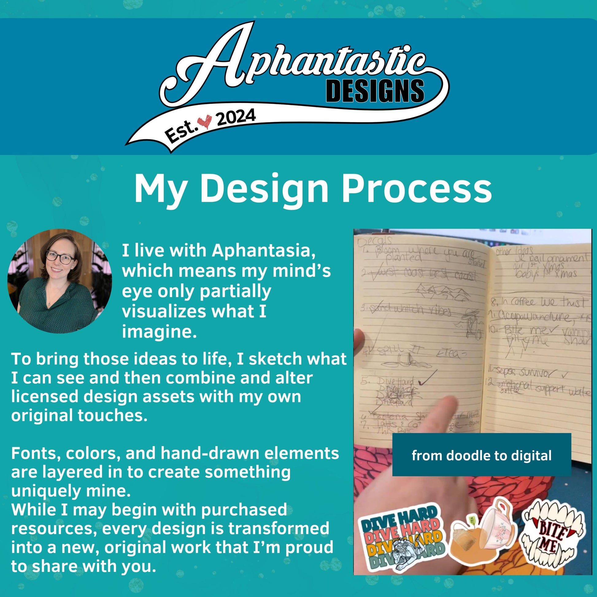 The image is a collage featuring a woman with glasses, a notebook, and various design-related elements such as doodles, hand-drawn elements, and text. The collage includes a caption describing the woman's design process, a hand holding a notebook, and a hand-drawn element. The image also includes a list of design-related terms and a description of the design process.