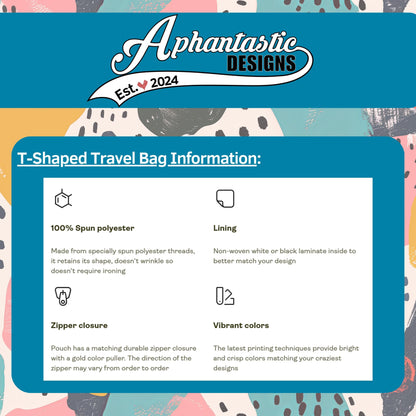 The image is a T-shaped travel bag information graphic with various features listed.