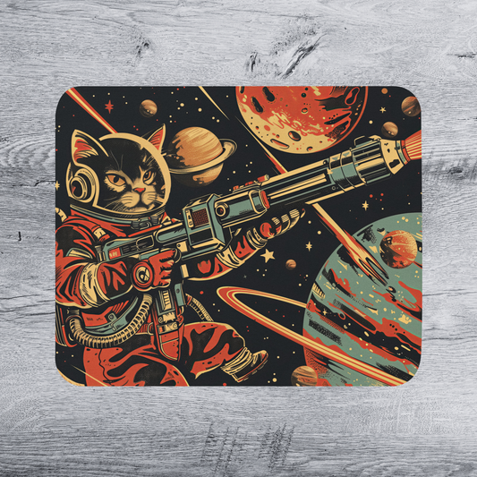 A cat astronaut in a red and black spacesuit is depicted shooting a gun in a space scene with planets and stars.