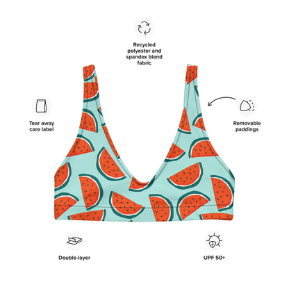 Cute Watermelon Sport or String Bikini Top Teen Festival Rave Fit Womens Swimsuit Removable Padded Top Recycled UPF 50+Sun Protection 2XS–6X Aphantastic Designs