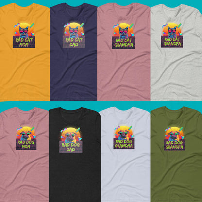 The image is a collage of eight t-shirts, each featuring a unique design with a cat and the text "RAD CAT MOM" or "RAD CAT DAD" printed on them.