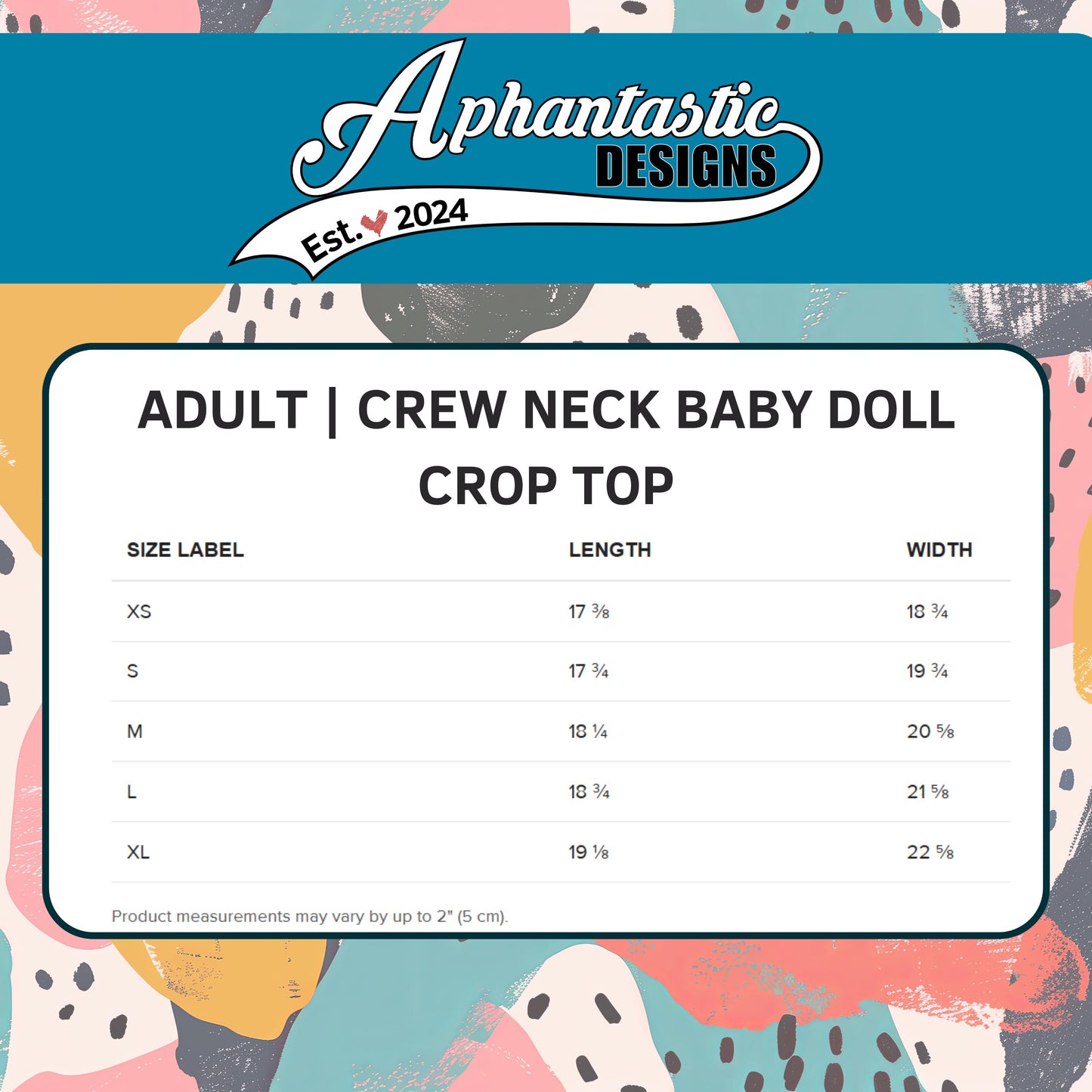 The image is a product label for an adult crew neck baby doll crop top, providing size measurements for different age groups.