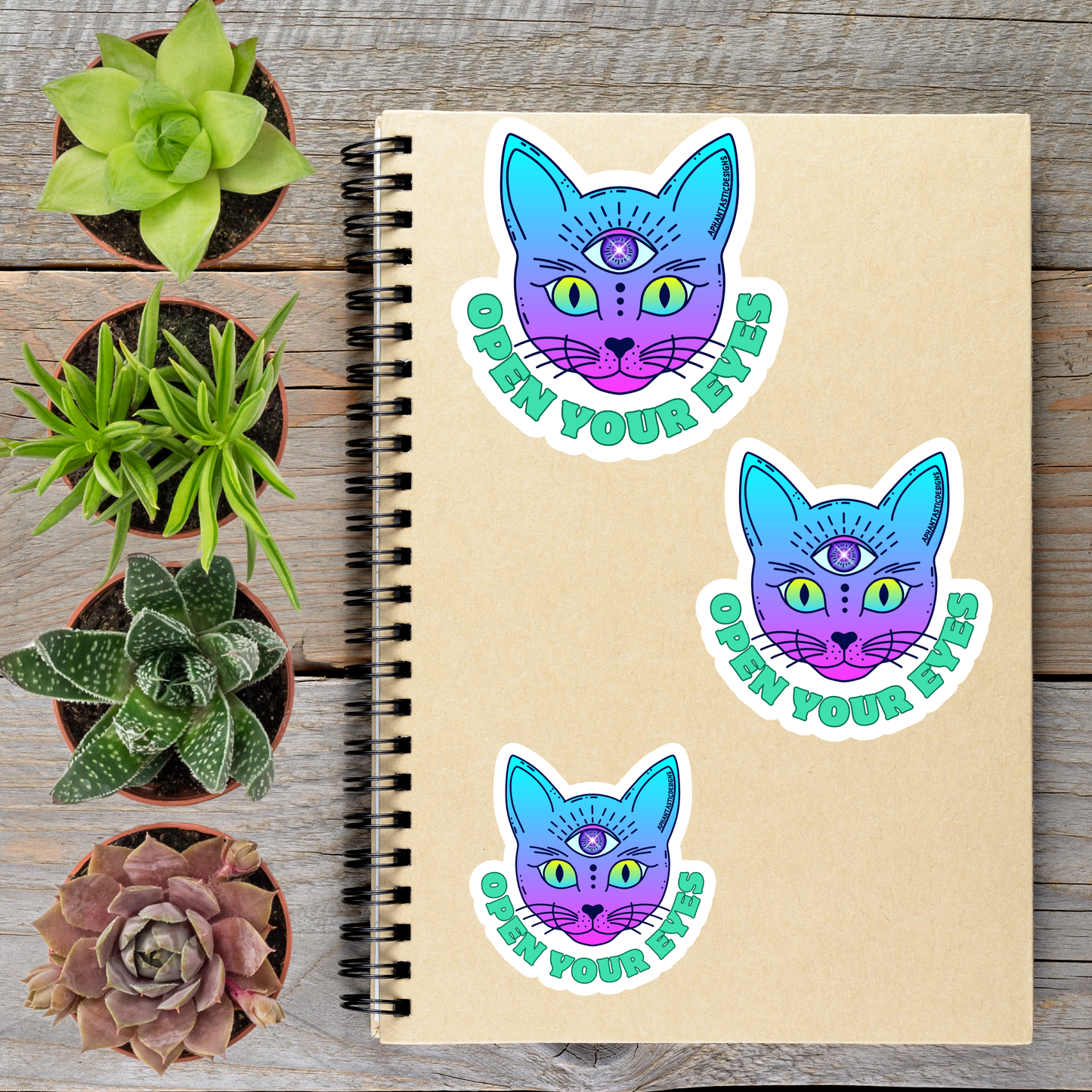 a spiral notebook with three stickers on it, each depicting a cat with an eye design. The stickers are surrounded by potted plants, including succulents and cacti, arranged on a wooden surface.