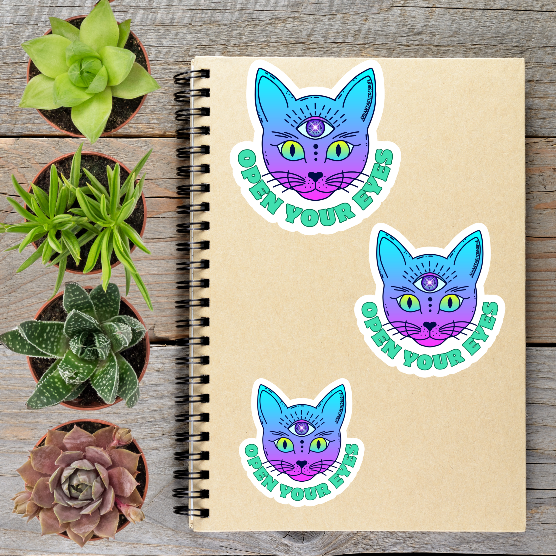 a spiral notebook with three stickers on it, each depicting a cat with an eye design. The stickers are surrounded by potted plants, including succulents and cacti, arranged on a wooden surface.