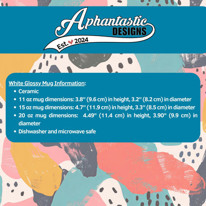 The image is a colorful abstract pattern with various shades of blue, pink, yellow, and orange. The text provides information about a white, glossy ceramic mug, including dimensions and safety features.
