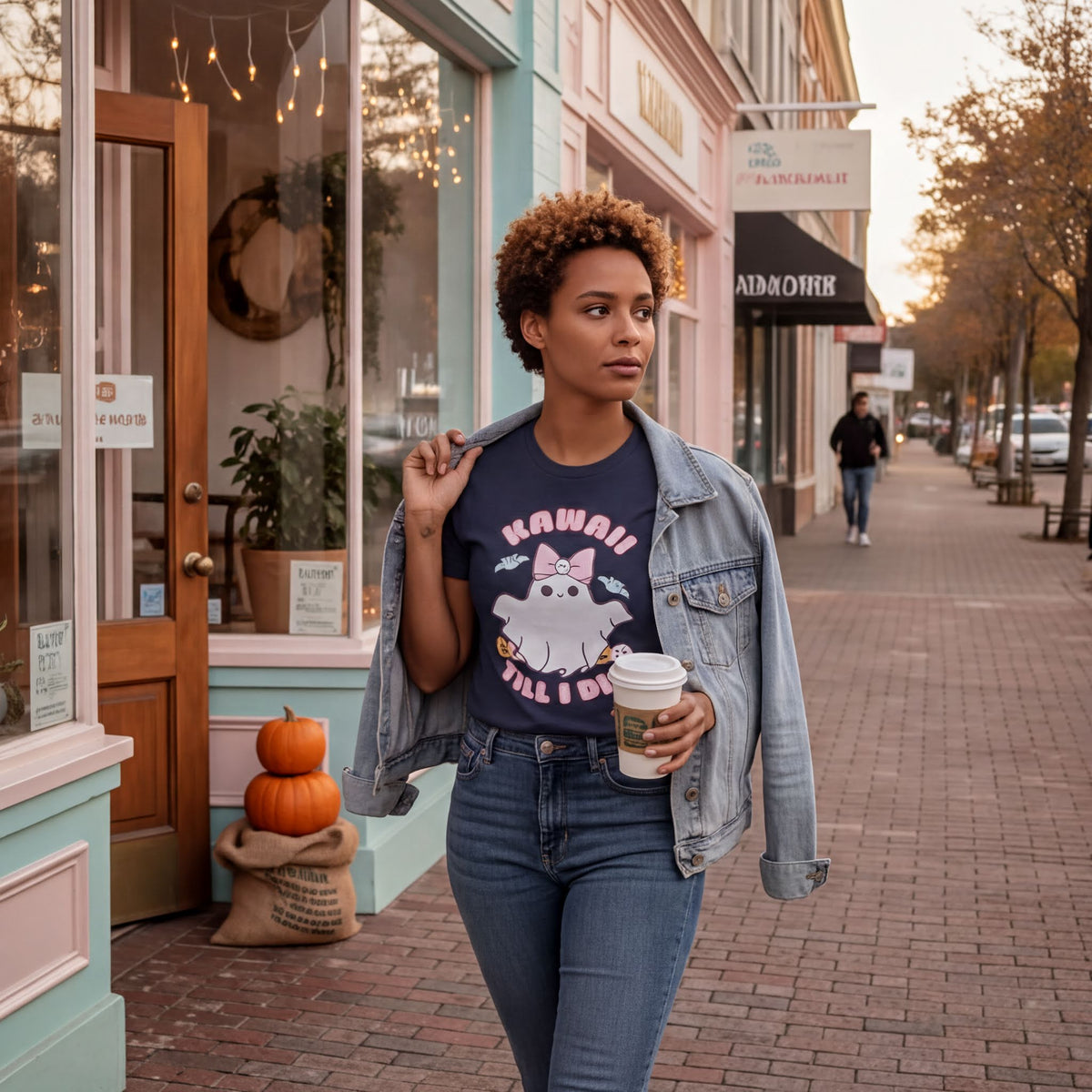 A woman wearing a denim jacket and a t-shirt with a cat graphic is walking down a brick sidewalk, holding a coffee cup in her hand.