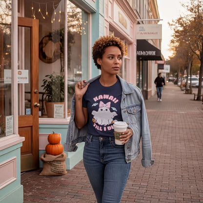 A woman wearing a denim jacket and a t-shirt with a cat graphic is walking down a brick sidewalk, holding a coffee cup in her hand.