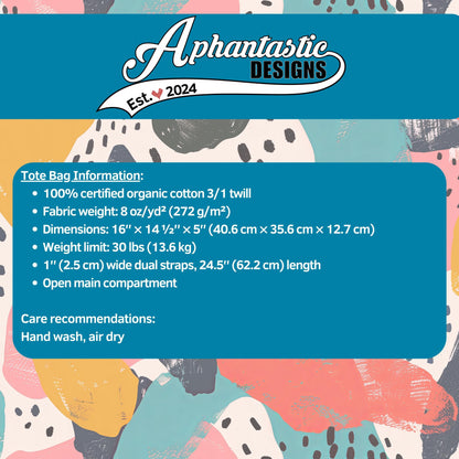 a colorful abstract background with a blue and white color scheme. The text provides information about a tote bag, including details such as 100% certified organic cotton, fabric weight, dimensions, and a weight limit. The text also mentions care recommendations for hand washing, air drying, and an open main compartment.