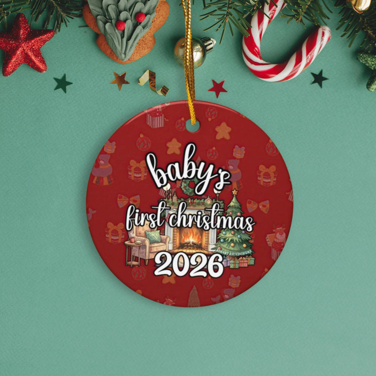 A red ornament with a Christmas tree and other holiday decorations, along with a candy cane and stars, is displayed against a green background.
