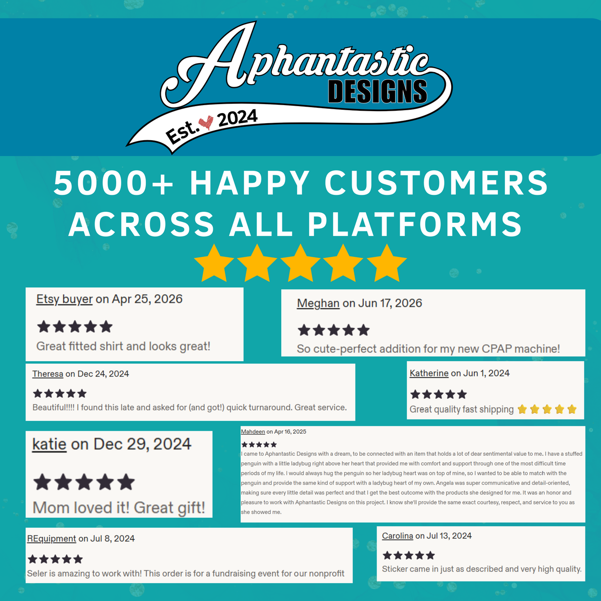 The image is a screenshot of a website featuring customer reviews and feedback for a company called "Aphantastic Designs". The reviews are from customers who have purchased products from the company, and they express satisfaction with the products and the customer service. The website also displays a list of customer reviews and a description of the company's products.