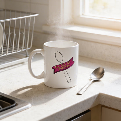 A white mug with a pink ribbon and the text "ALL OUT OF SPoons" sits on a kitchen counter, with a spoon nearby.